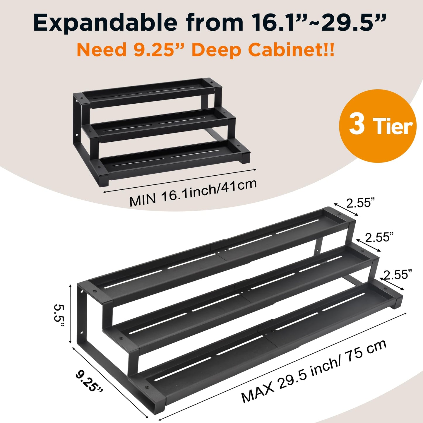 3-Tier Spice Rack Organizer for Kitchen Cabinet or Pantry, 16"-29" Expandable Spice Organization