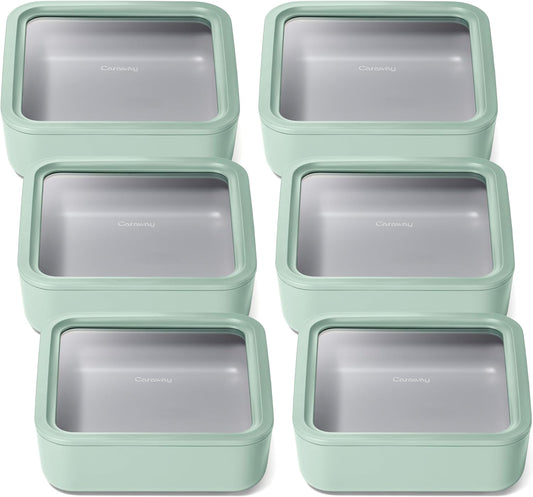 Caraway 6pc Glass Food Storage Set – 10 Cup Food Containers (6) - Ceramic Coated - Non Toxic, Non Stick with Lids - Microwave Safe - Mist
