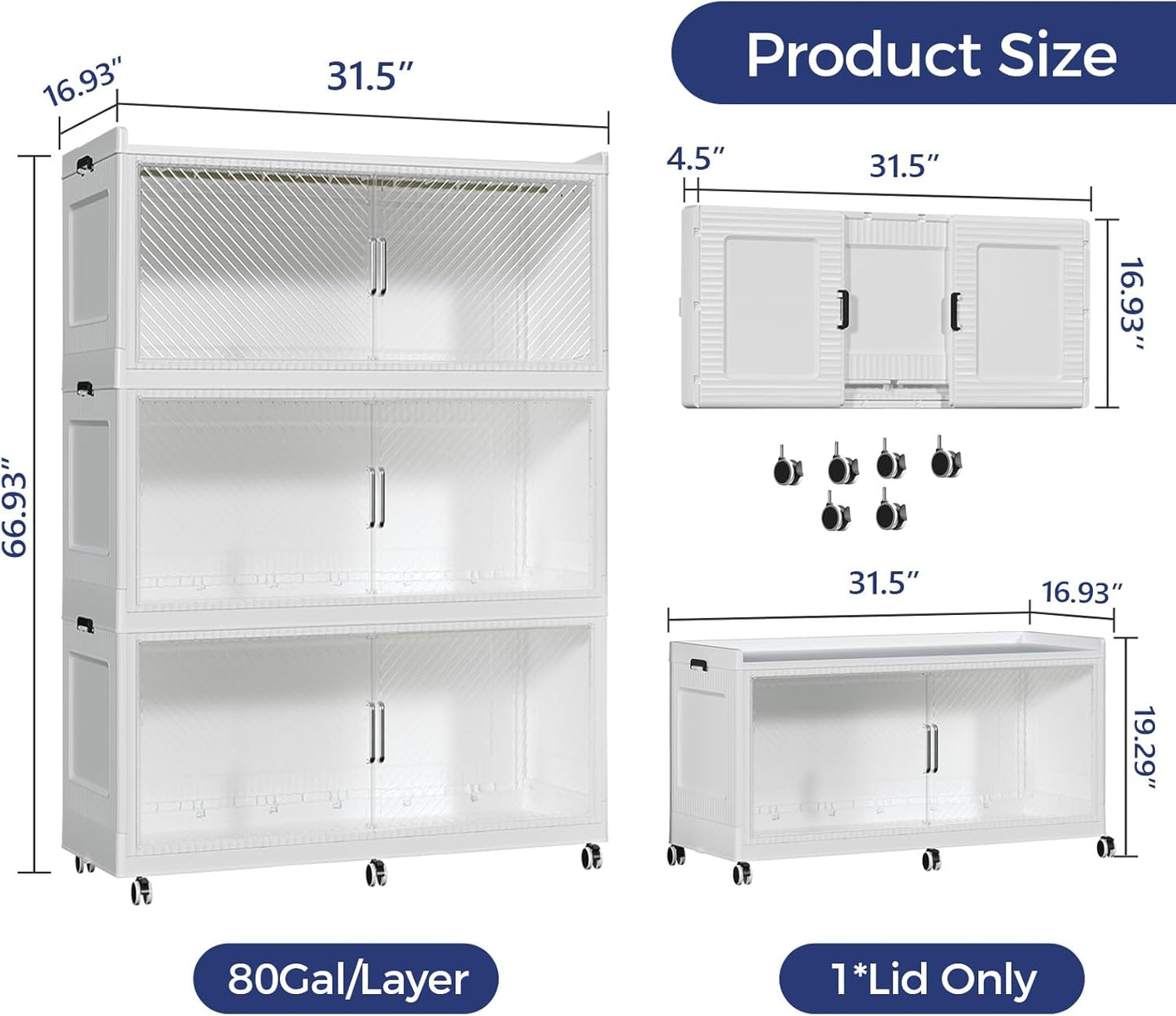 150GAL Extra Large Storage Bins with Lid, 600QT Collapsible Organizer with Wheels, Stackable Closet Cabinet with Doors, Folding Storage Containers for Home, Office, Dorm, 3Pack White