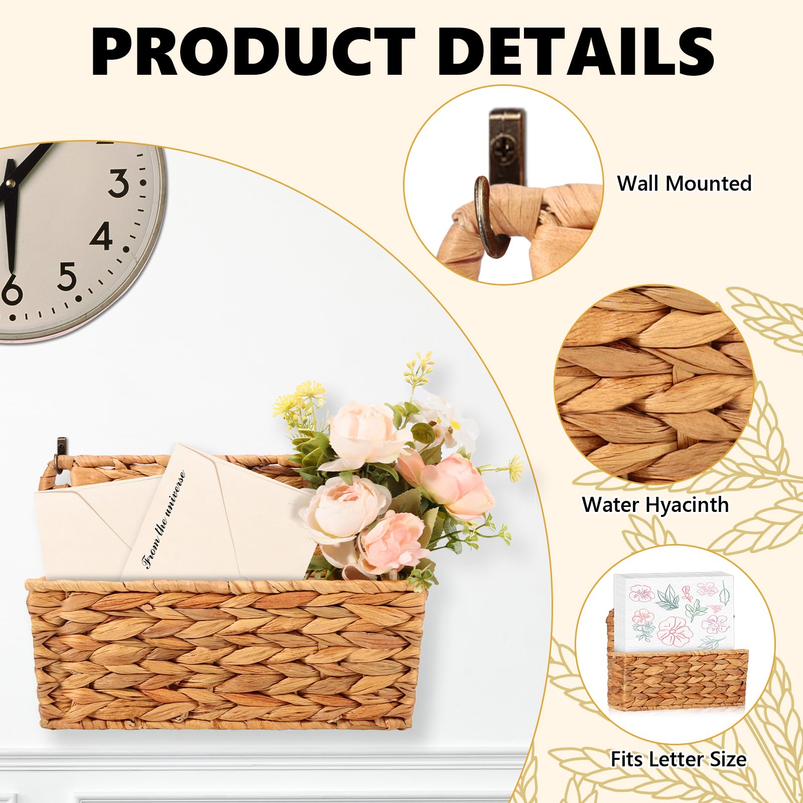 MSHUNKEJI 2 Pcs Woven Mail Holder Wall Mount Basket 9.25x1.57 Inch Rattan Wall Letter Holder Wicker