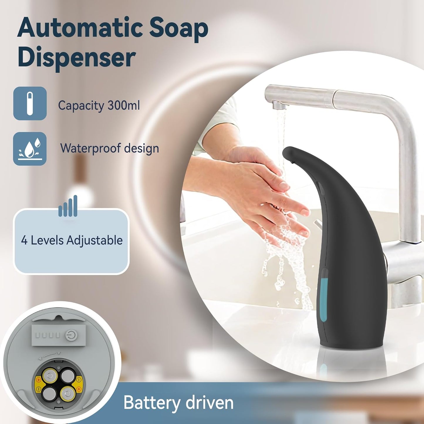 Automatic Soap Dispenser with Infrared Sensor - Adjustable 4-Level Touchless Hand Soap for Kitchen, Bathroom - Battery Operated Electric Dispenser, Durable Plastic, Smart Soap Holder (Black)