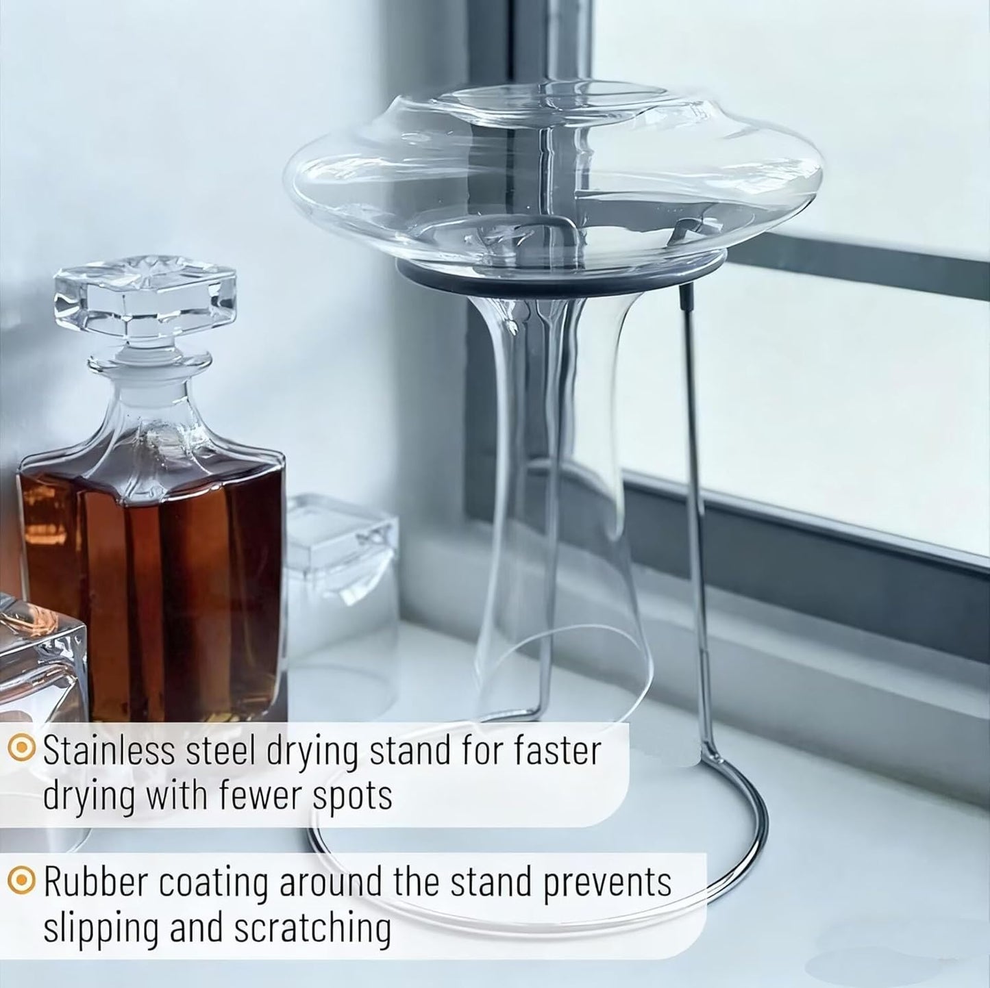 Wine Decanter Drying Stand with Cleaning Brush,Wine Decanter Drying Rack Holder with Rubber Coated Top Drainer Stand Dryer Rack for Standard Large Wine Decanters