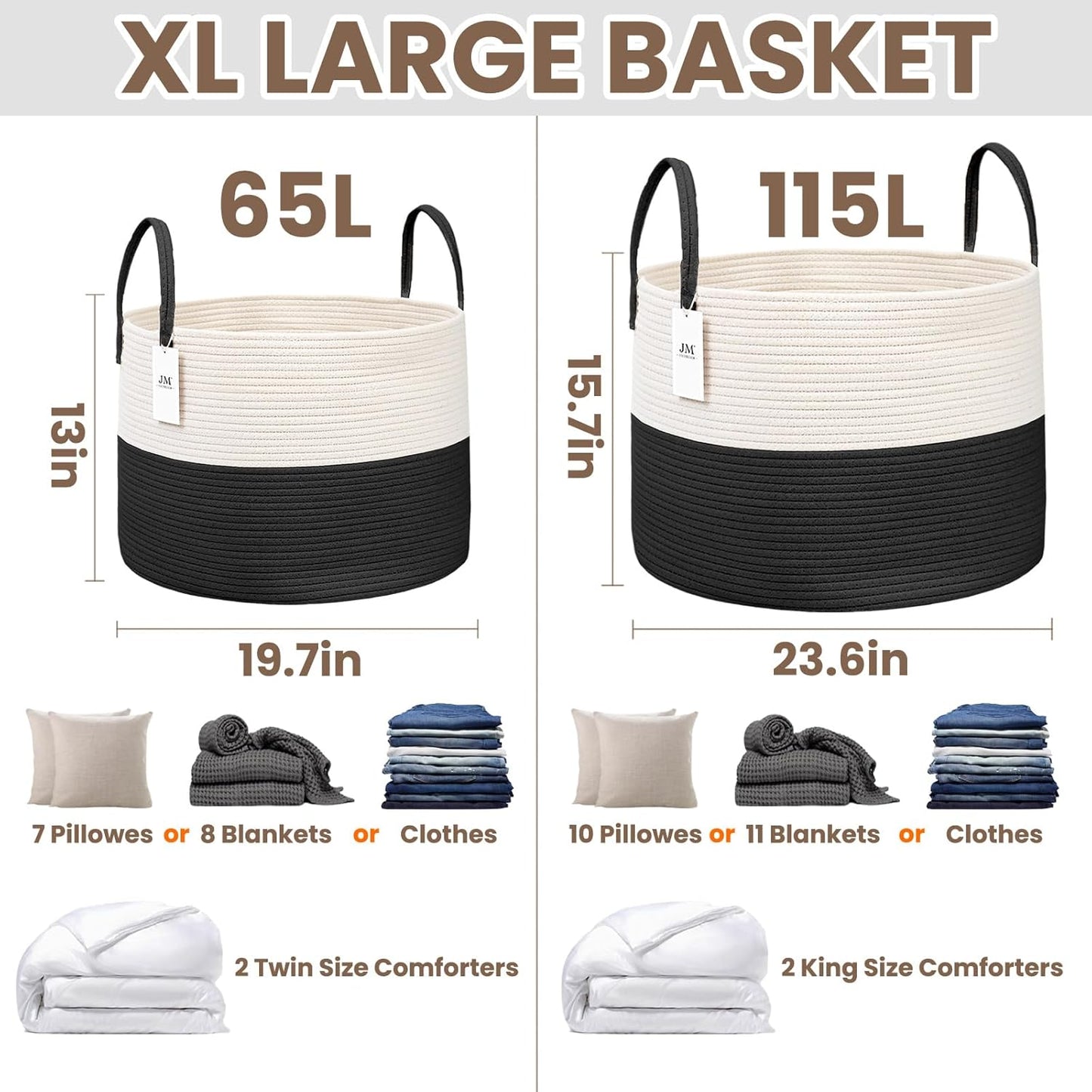 Woven Blanket Basket,65L Large Rope Storage Bin with Handles, Organizer for Blankets Toys Book and Clothes, Laundry Basket for Living Room Bedroom Nursery,White&Black