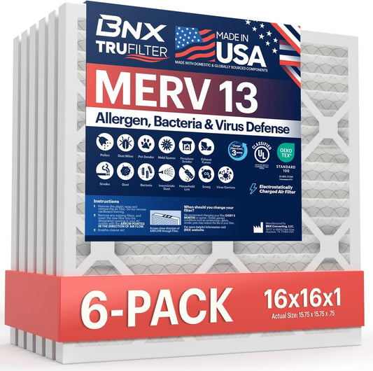 BNX TruFilter 16x16x1 Air Filter MERV 13 (6-Pack) - MADE IN USA - Electrostatic Pleated Air