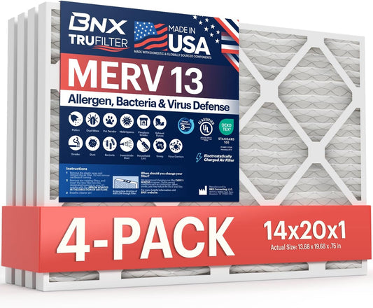 BNX TruFilter 14x20x1 Air Filter MERV 13 (4-Pack) - MADE IN USA - Electrostatic Pleated Air