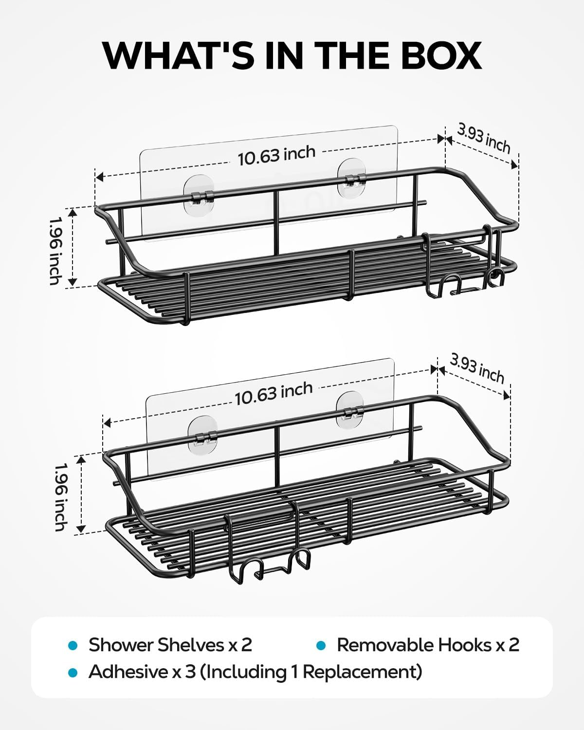 Nieifi Shower Caddy Shelf with Hooks Storage Rack Organizer Adhesive Stainless Steel Without Drilling for Bathroom, Lavatory, Washroom, Restroom, Shower, Toilet, Kitchen - 2 Pack (Black)