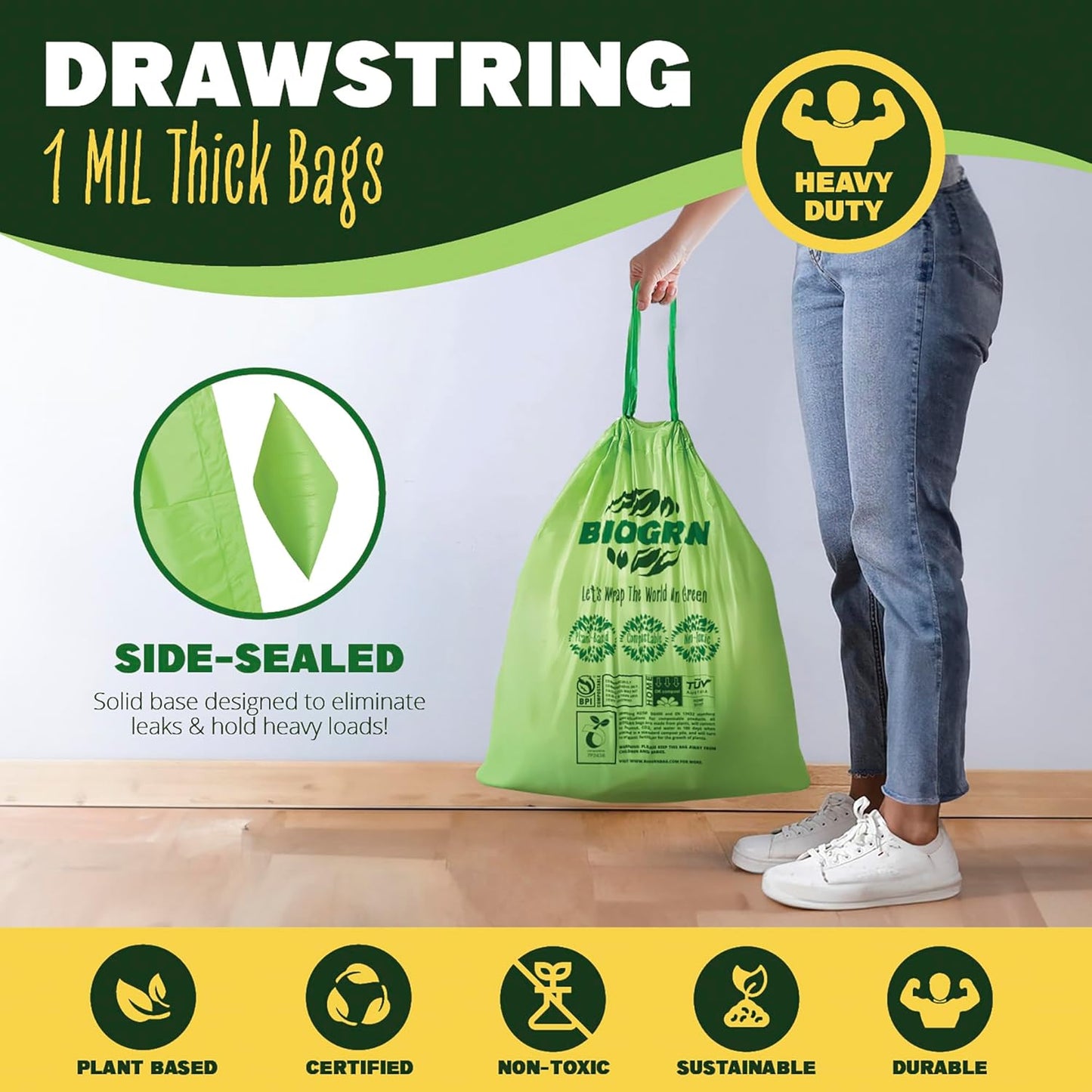10-13 Gallon Compostable Trash Bags Drawstring 30 Bags Heavy Duty Extra Thick 1 Mil 49.21 Liter Biodegradable Trash Bags Compost Bags Green for Kitchen ASTM D6400 US BPI and OK Compost Home Certified