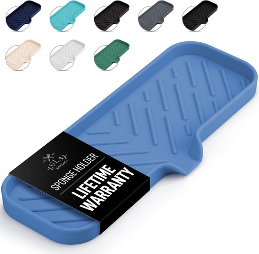 Zulay Large Silicone Sponge Holder (12x4) – Flexible Sink Organizer Tray for Kitchen & Bathroom – Multipurpose Soap Dish for Sponges, Makeup, Trinkets & More (Provence Blue)