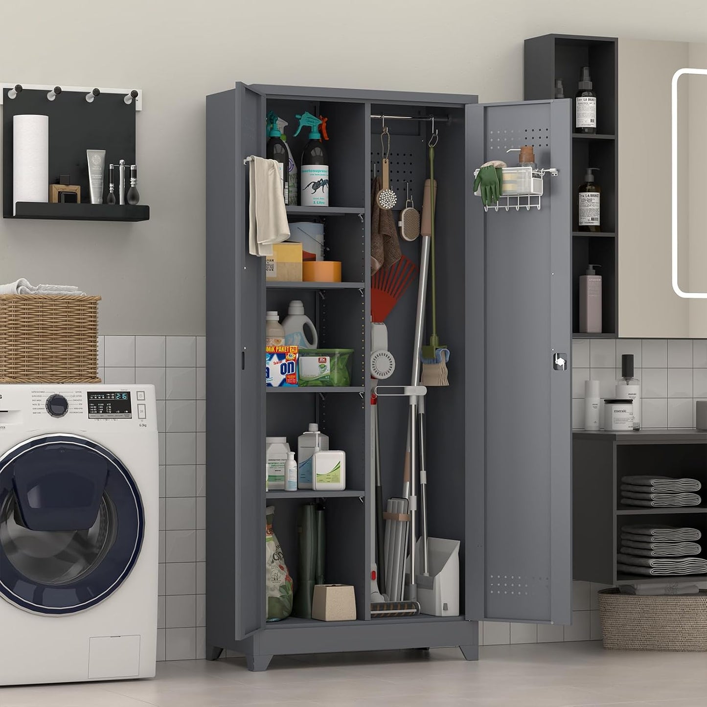 Metal Tool Storage Cabinet, Broom Closet with Hooks, 72.8" Tall Garage Cabinet with Shelves, Heavy-Duty Cleaning Storage for Utility Room, Gym, Office, Garage