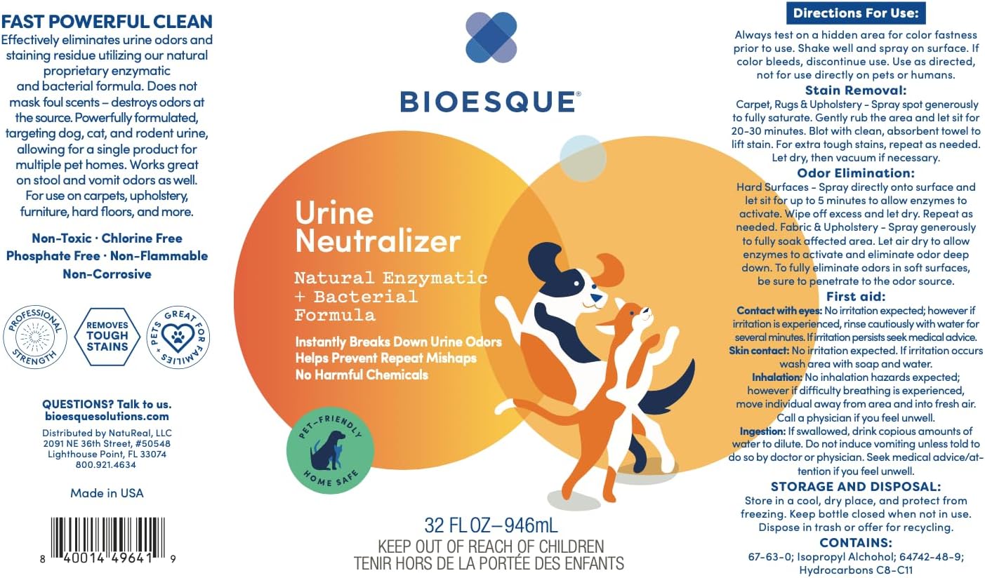 Bioesque Urine Neutralizer, Pet-Friendly Natural Enzymatic & Bacterial Formula, Instantly Breaks Down Urine Odors, Helps Prevent Repeat Mishaps, 32 Fl Oz (Pack of 1)