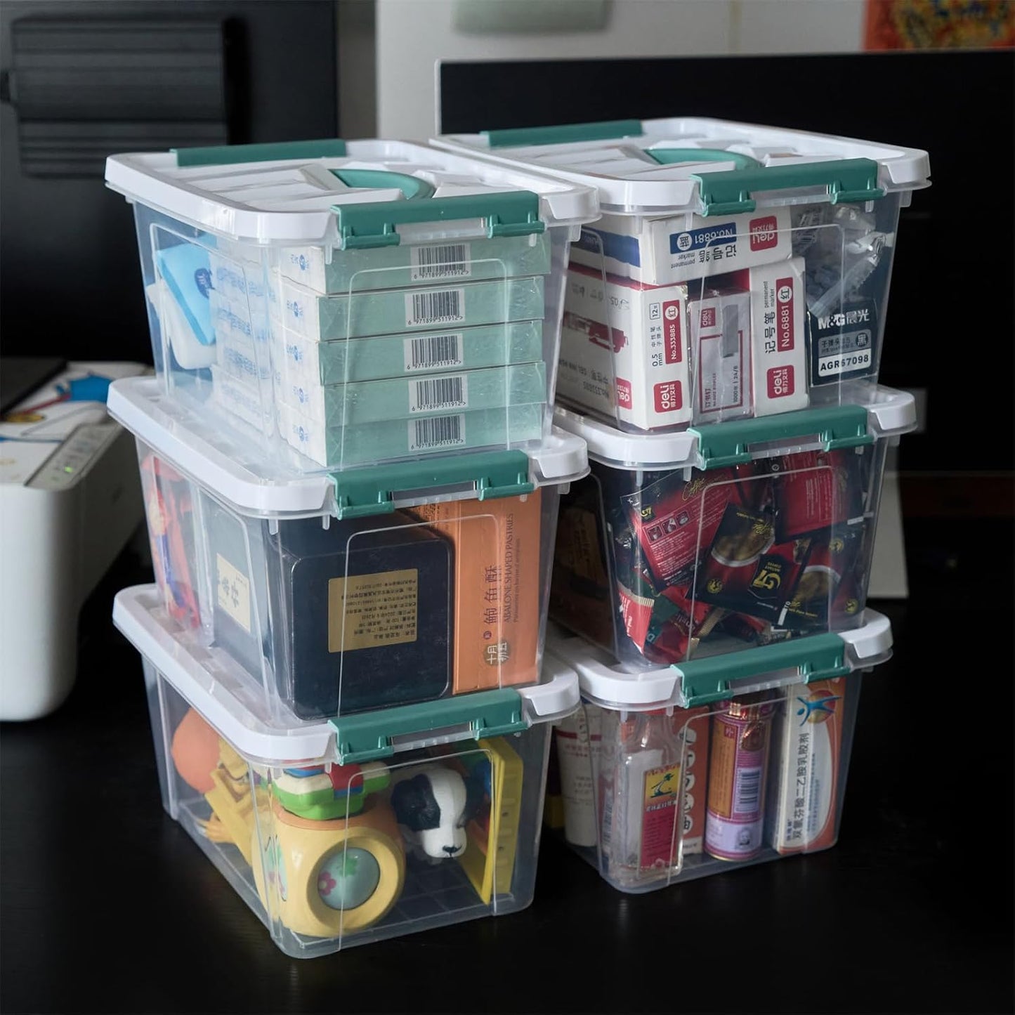 6 Quart Plastic Stackable Storage Latch Bins,Clear Latching Box with Handle and Lid,Pack of 6 (Green Handle)