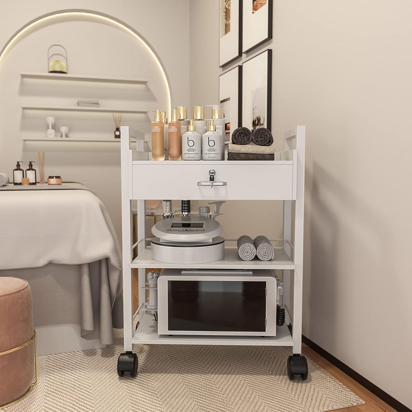 Paddie Salon Trolley Cart, Wooden Mobile Utility Cabinet Lab Cart with 1 Drawer 2 Trays, Rolling Storage Station Beauty Salon Rolling Trolley for Beauty Spa (White)