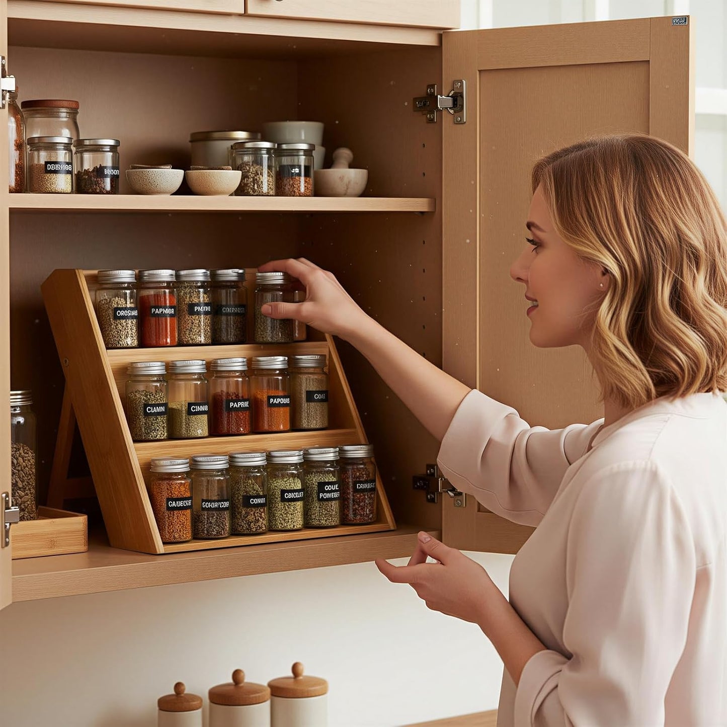 Bamboo Spice Rack Organizer for Kitchen Counter, 3 Tier Foldable Spice Shelf for Cabinet or Drawer (Jars Not Included)