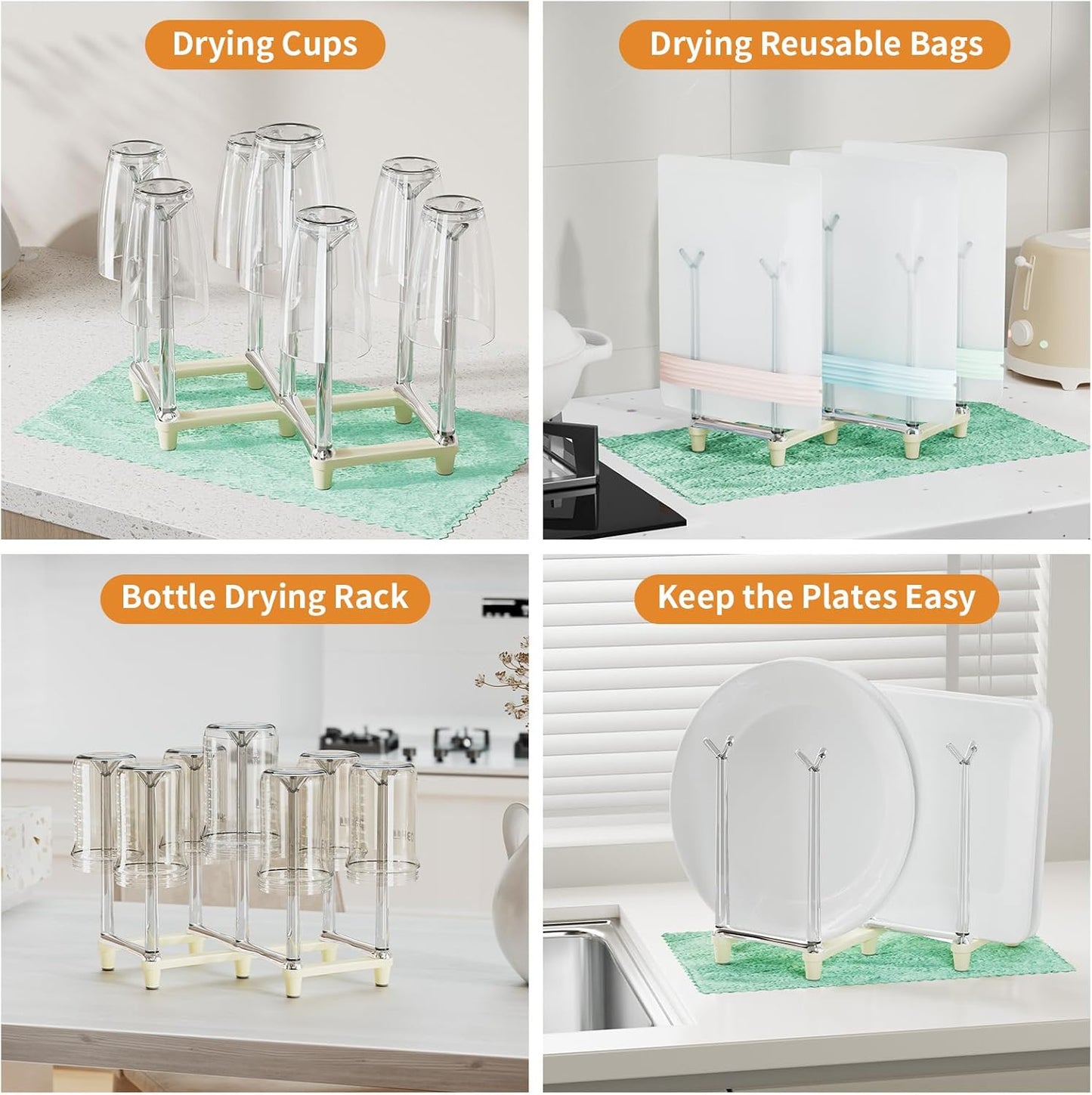 Marbrasse Retractable Cup Drying Rack, Drinking Glass and Sports Bottle Drainer Stand, Plastic Bag Dryer with Non-Slip Bottom for Kitchen Countertop - White