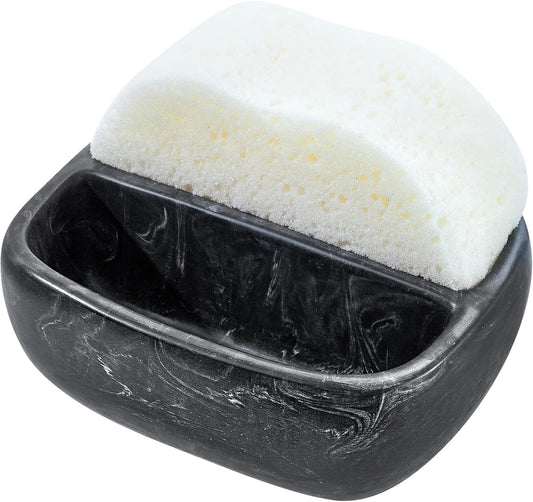 MyGift Modern Black Resin Double Sponge Holder with Realistic Marble Pattern for Kitchen Sink Countertop, Dish Cleaning Sponges or Scrubbing Pads Bowl with 2 Compartments