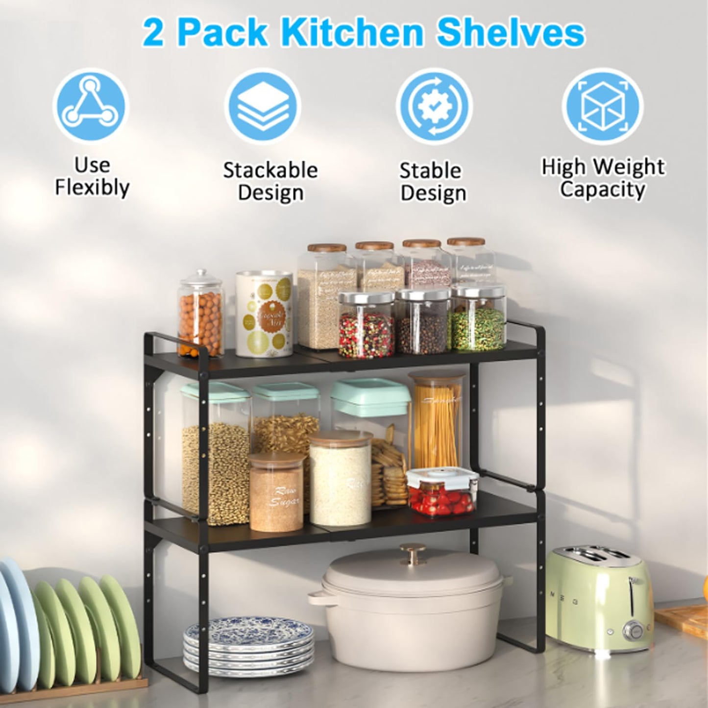 15.5 to 25.5 Inch Expandable Kitchen Cabinet Organizer Shelf, 2 Pack 30 LBS Heavy Duty Adjustable