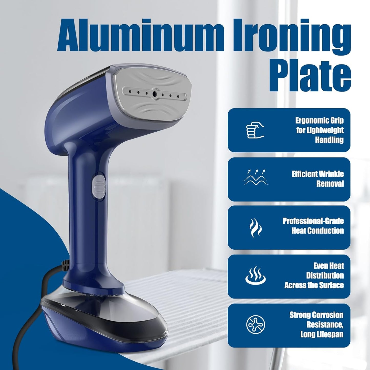 Powerful Handheld Fabric Steamer - 1800W with Fast Ceramic Heat-Up Plate, 2-in-1 Ironing & Wrinkle Remover, Steam Nozzle, Lint Brush - Blue, for US 120V Only