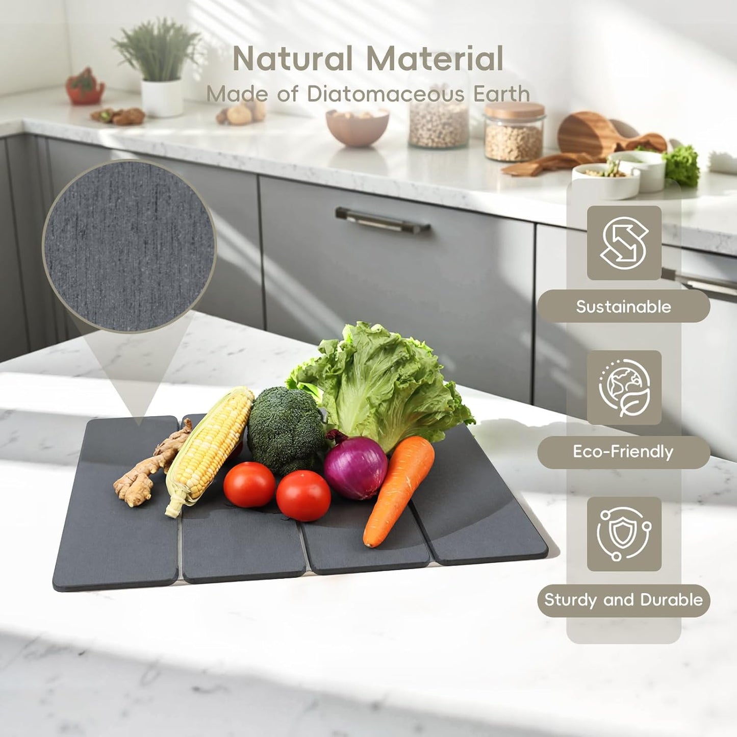 Small Stone Dish Drying Mat for Kitchen Counter, HQAUT 16"×12" Collapsible Quick Drying Dish Mats, Super Absorbent Diatomaceous Earth, Non-Slip Sink Mat for Countertop Dishes, Easy to Clean