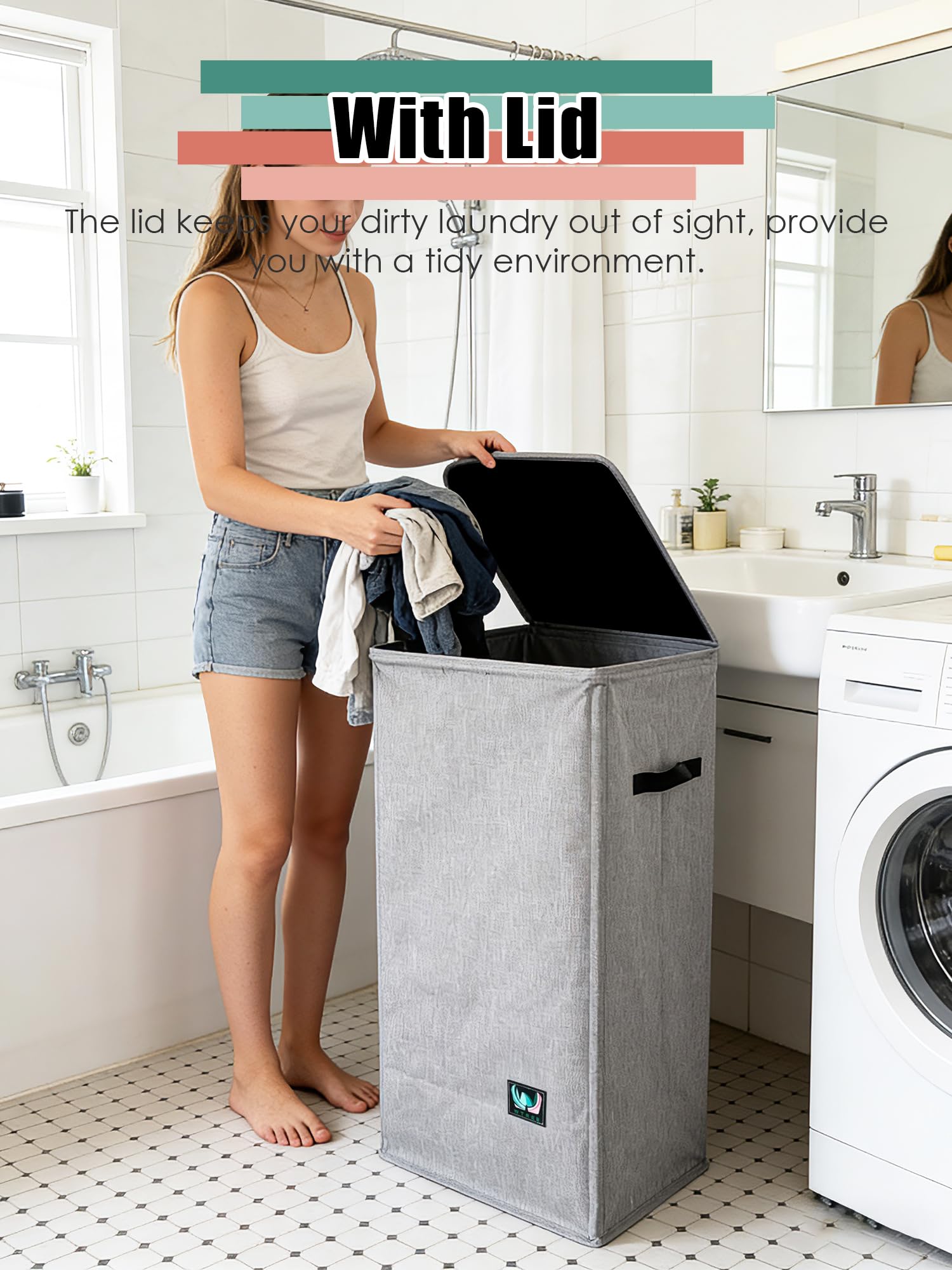 WTREE Laundry Hamper with Lid, Reinforced Sturdy Clothes Hamper with Anti-Puncture Base, Large