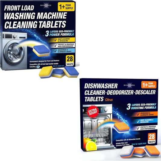 Washing Machine Cleaner Tablets Front Loader 28 Pack & Dishwasher Cleaner Deodorizer Descaler Tablets 28 Pack Bundle - 1 Plus Year Supply - Septic Safe Eco Friendly Formula
