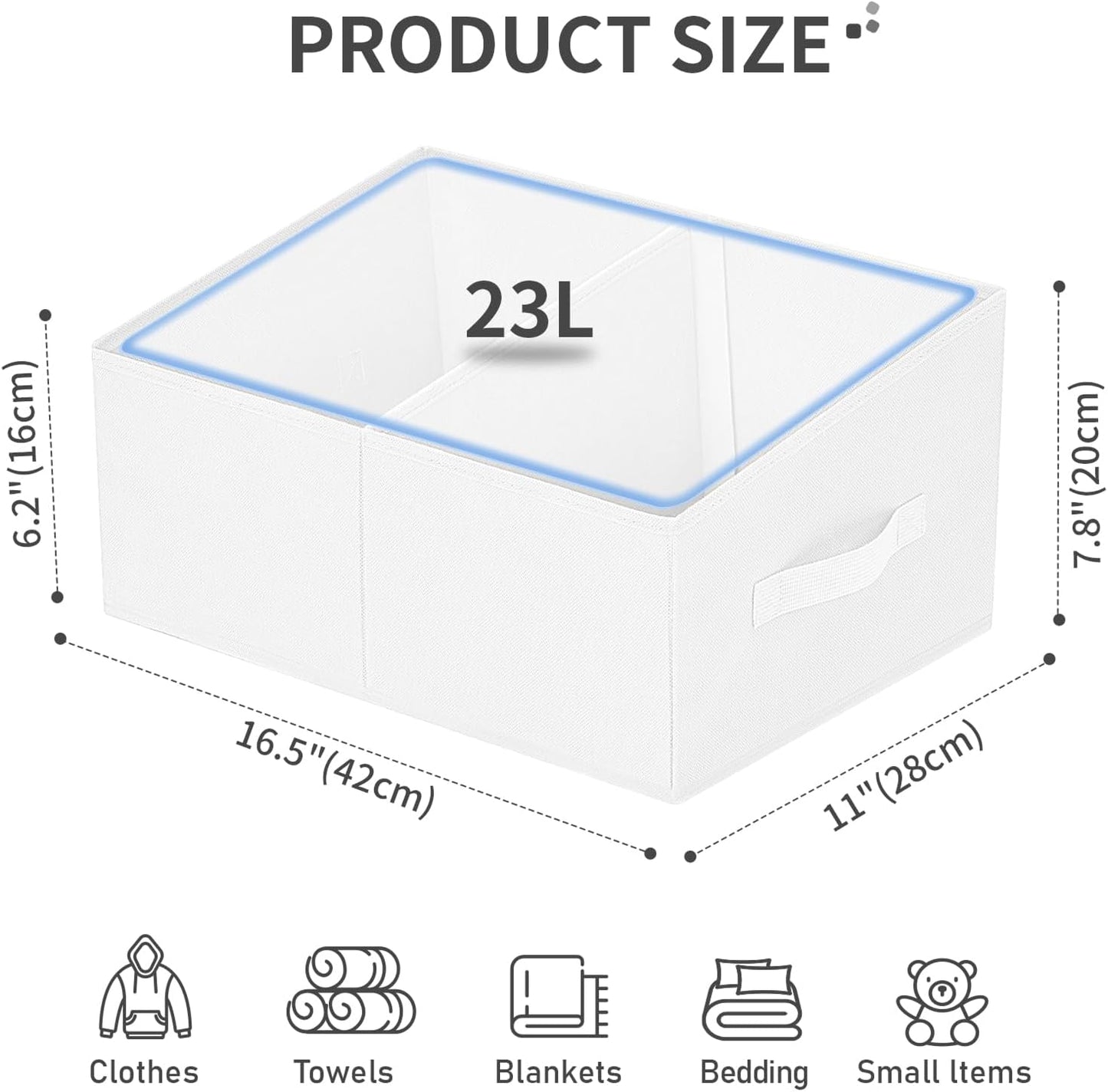 DIMJ Large Closet Shelf Organizer Bins 6 Packs with Handles and Divider, Fabric Trapezoid Storage Baskets, Foldable Clothes Containers Box for Shelf, Towel, Book, Toy, Purse, Hats, ,White