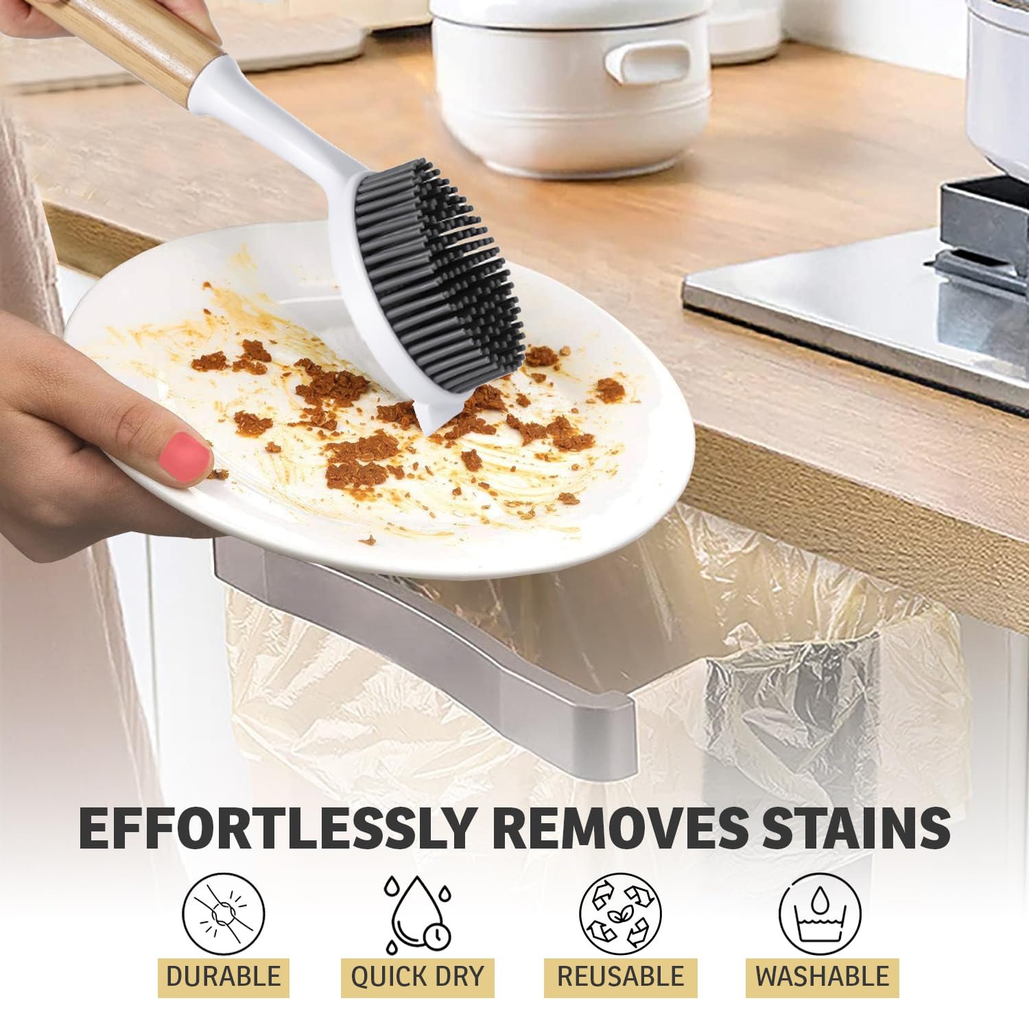 Bamboo Dish Brush with Handle – Kitchen Dish Brush with Nylon Bristles