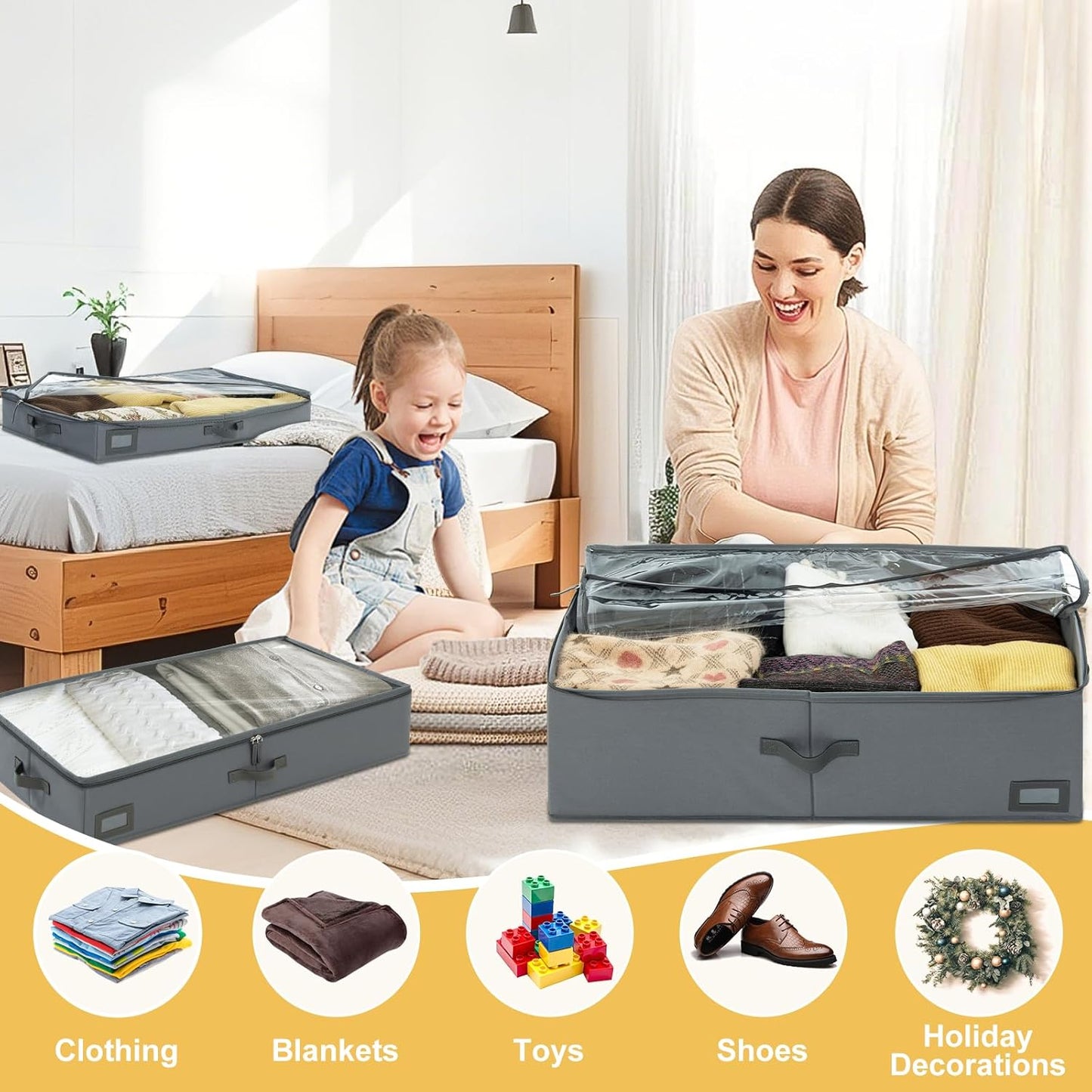 10-Inch Under Bed Storage Containers (3-Pack) | Sturdy Sidewalls | Clear Cover & Label Holder | Foldable Closet Organizer | Stores Clothing/Blankets/Wrapping Paper/Toys