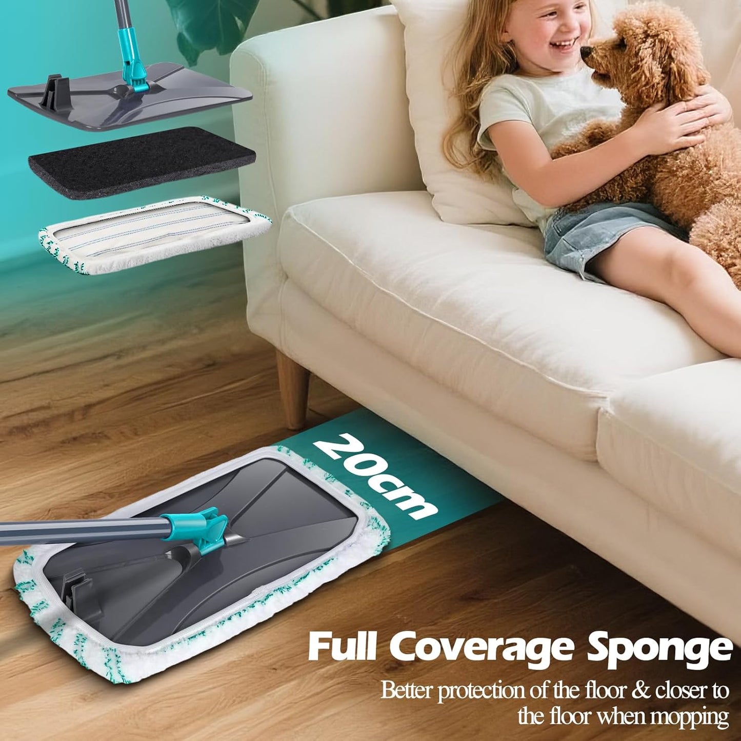 MASTERTOP Microfiber Flat Mop, Extra Large Surface Dust Mop with 5 Wet & Dry Reusable Pads, Hardwood Mops with Telescopic Handle for Laminate, Tile, Vinyl Floor Cleaning, 1 Cleaning Scraper