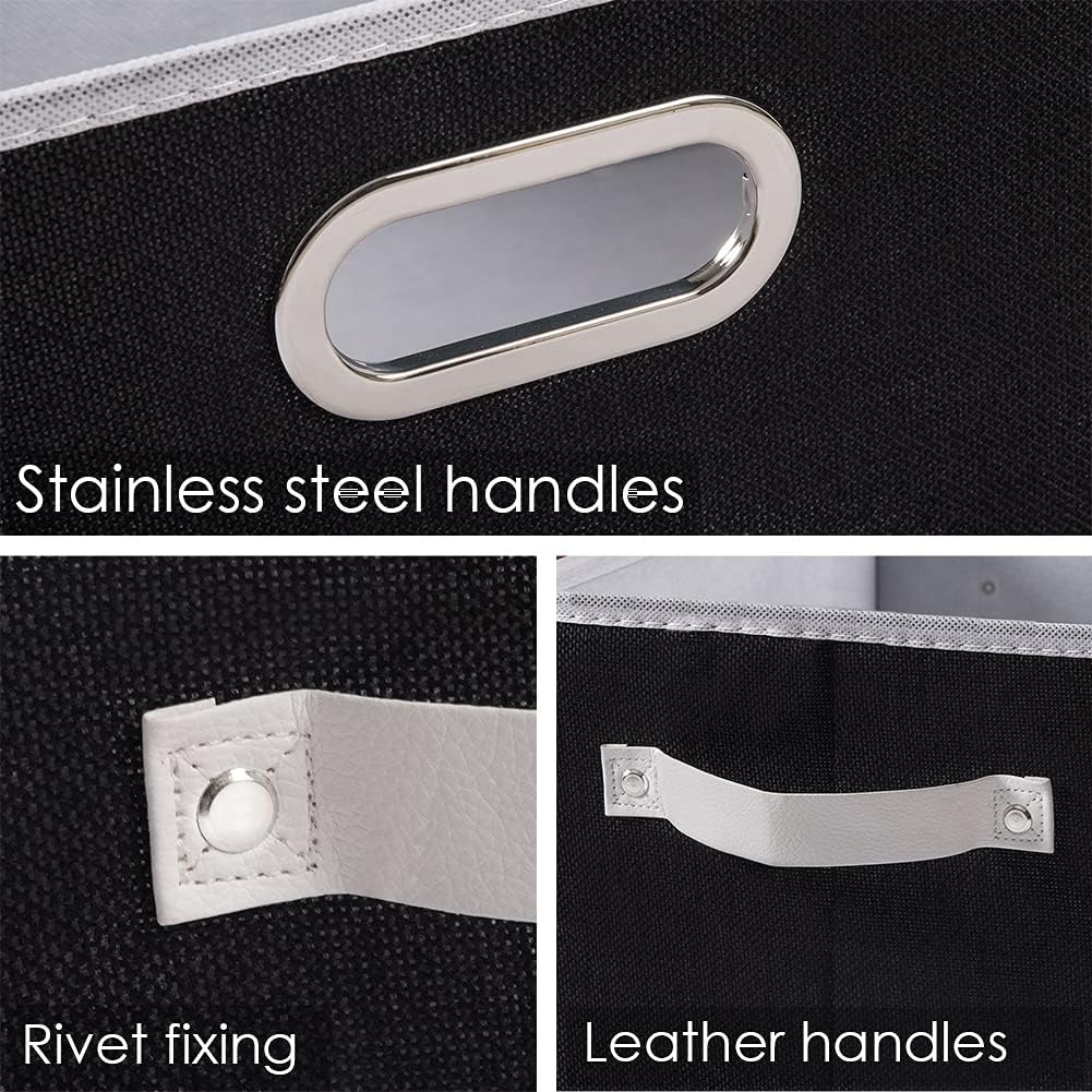 PRANDOM Fodable Storage Baskets for Closet [5-pack] Decorative Fabric Storage Bins Cubes with Leather/Metal Handles for Shelves Bedroom Living Room Black (11.5x8.5x6.7 Inch)