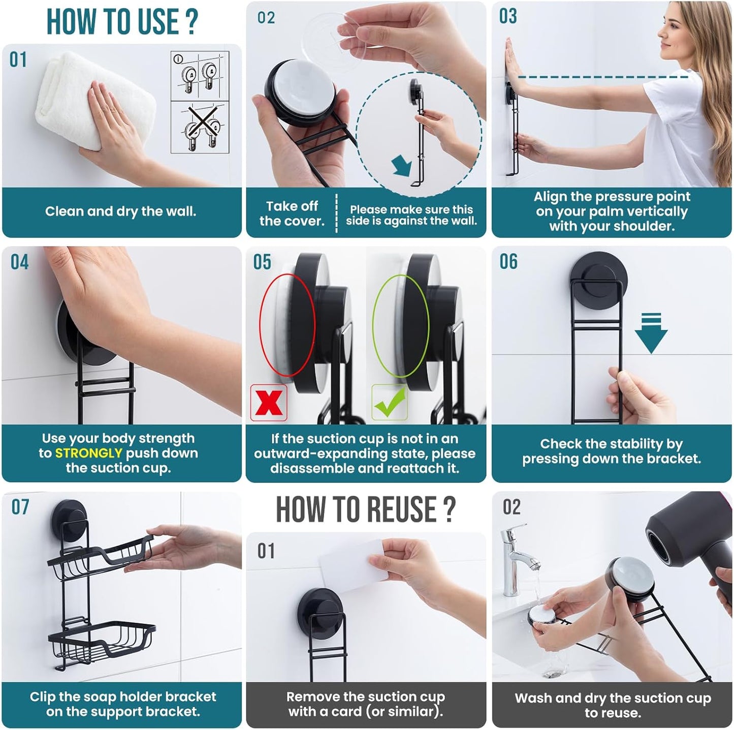 TAILI Double Layer Soap Dish Holder, Bar Soap Tray Suction Cup for Shower Wall, Draining for Bathroom, Rustproof Stainless Steel Sponge Holder for Tub, Kitchen, Drill-Free, Black