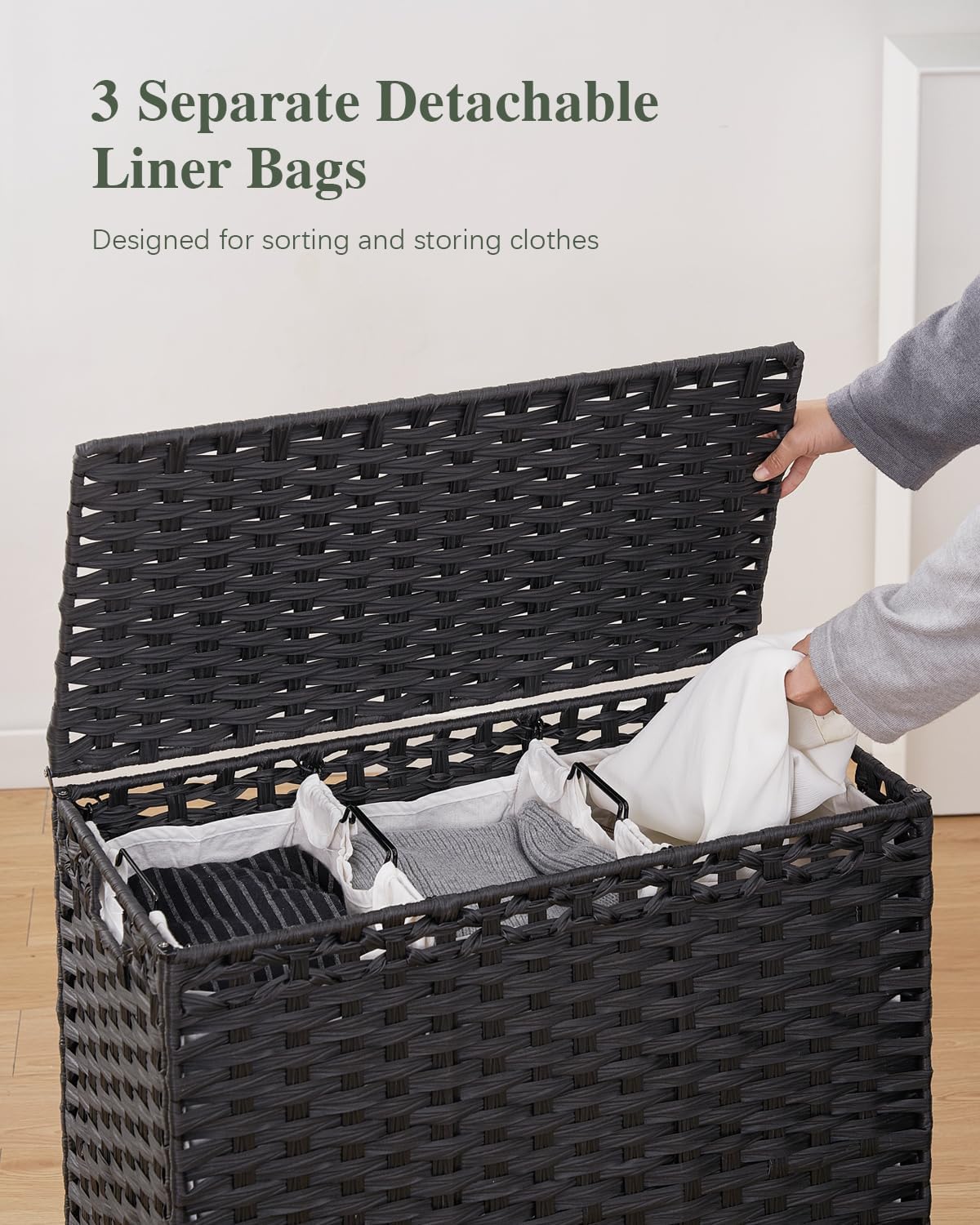 Laundry Hamper with Lid 132 L, (35 Gallons) Clothes Hamper with Lid, Handwoven Rattan Laundry Hamper with Metal Heightened Feet, Laundry Hampers with 3 Removable Liner Bags for Laundry-Black