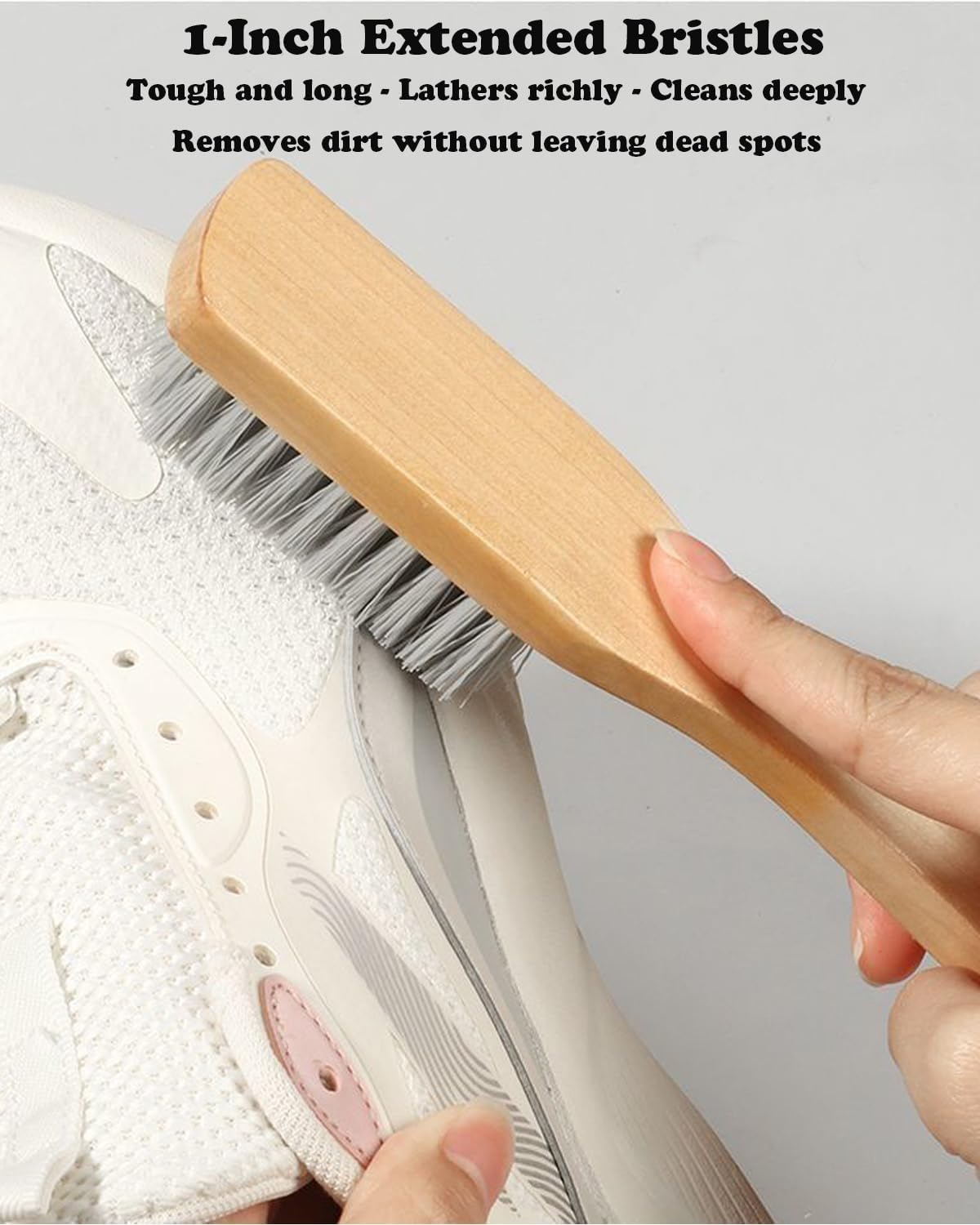 Scrub Cleaning Brush for Stains -Wood Handle Scrubbing Brushes,Cleaning Scrubber Brush for Fabric,Carpet,Clothes,Bathroom,Long Handle Cleaner Brush for Sneakers, Tennis, Canvas & More-2Pack