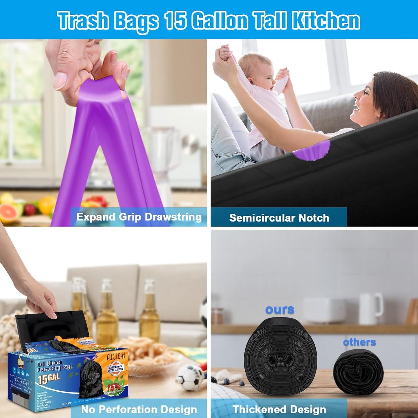 Trash Bags 15 Gallon Tall Kitchen Drawstring Garbage Bags,Fit 13-15 Gal Bins,Extra Strong&Leak-Proof,Unscented&Recyclable Trash Can Liners for Home Office Industrial Bathroom Garden Lawn(Black)