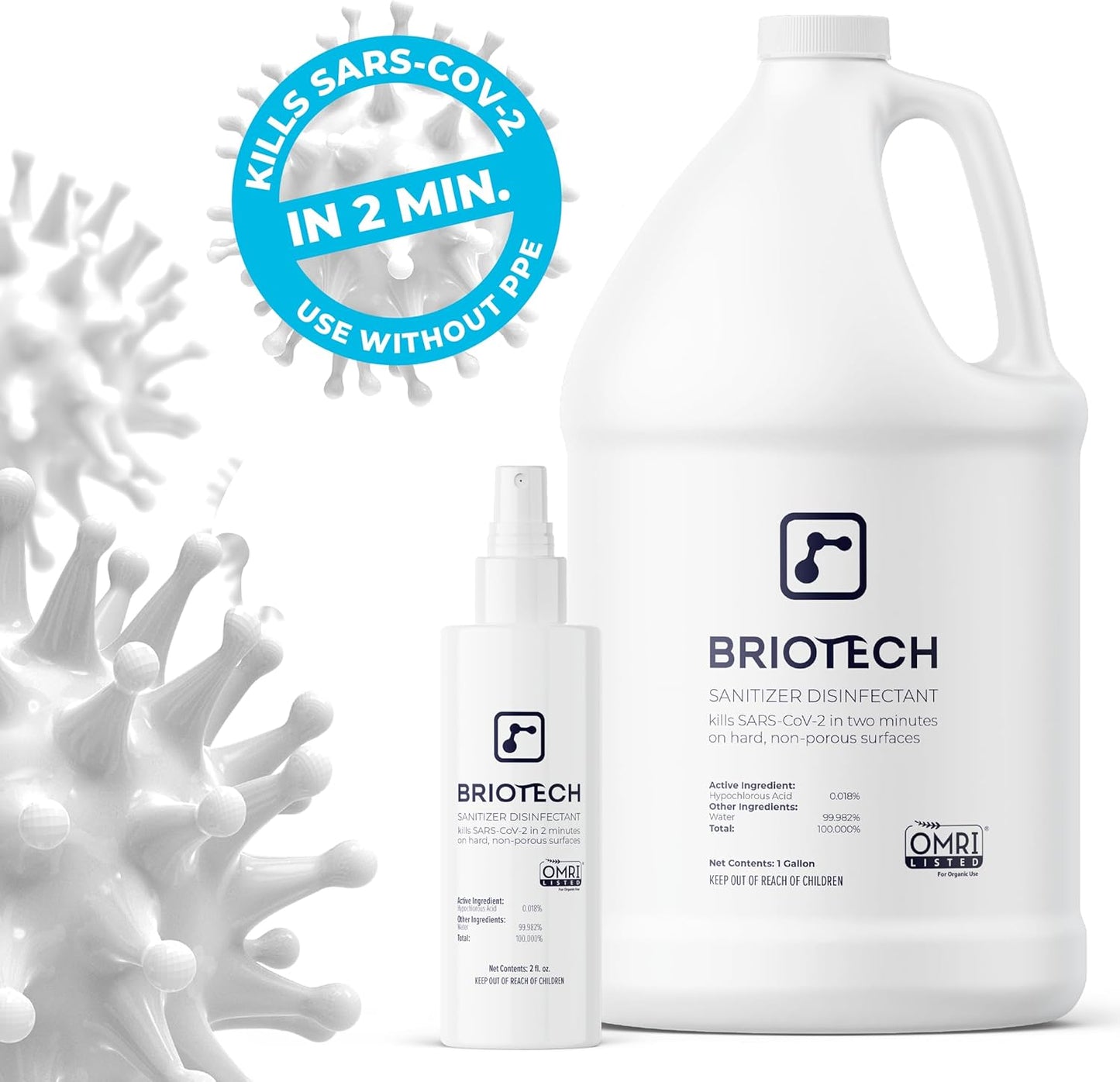 BRIOTECH Sanitizer Disinfectant Hypochlorous, Kill 99.99% of Viruses & Bacteria, Control Mold, Eliminate Odor, Gentle for Nursery & Play Rooms, Food Contact Surface Sanitizer, 1 Gallon Refill