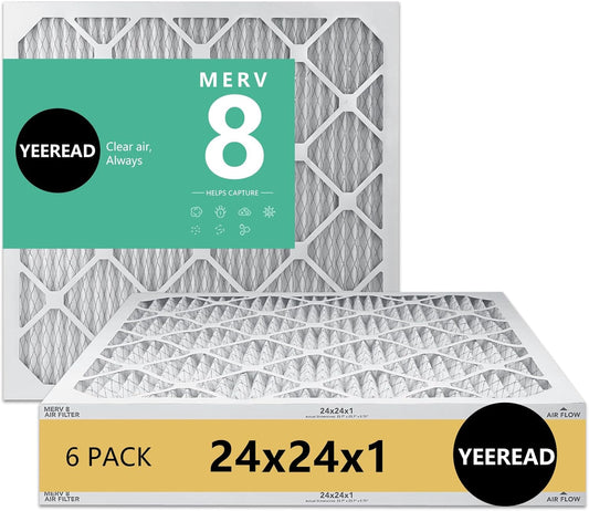 24x24x1 MERV 8 Air Filters 6-Pack, Actual Size 23.7" x 23.7" x 0.75" – Compatible with HVAC, Air