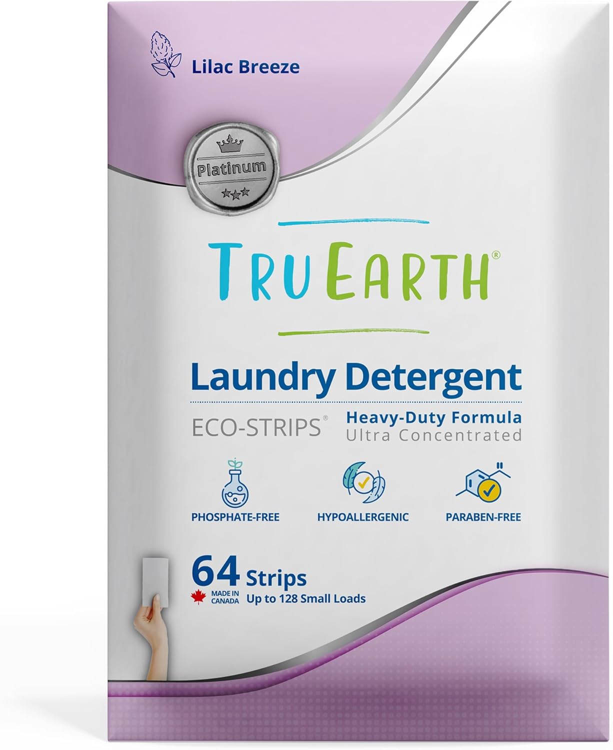 Tru Earth Platinum - Heavy Duty Laundry Detergent Sheets - Up to 128 Loads (64 Count), Lilac Breeze Scent - Ultra-Concentrated Strips Formula - Eco-Friendly Travel Laundry Sheets