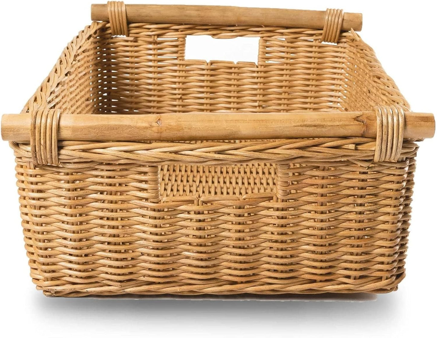The Basket Lady Low Pole Handle Wicker Storage Basket, Extra Large, 21.5 in L x 14.5 in W x 6.5 in H, Sandstone