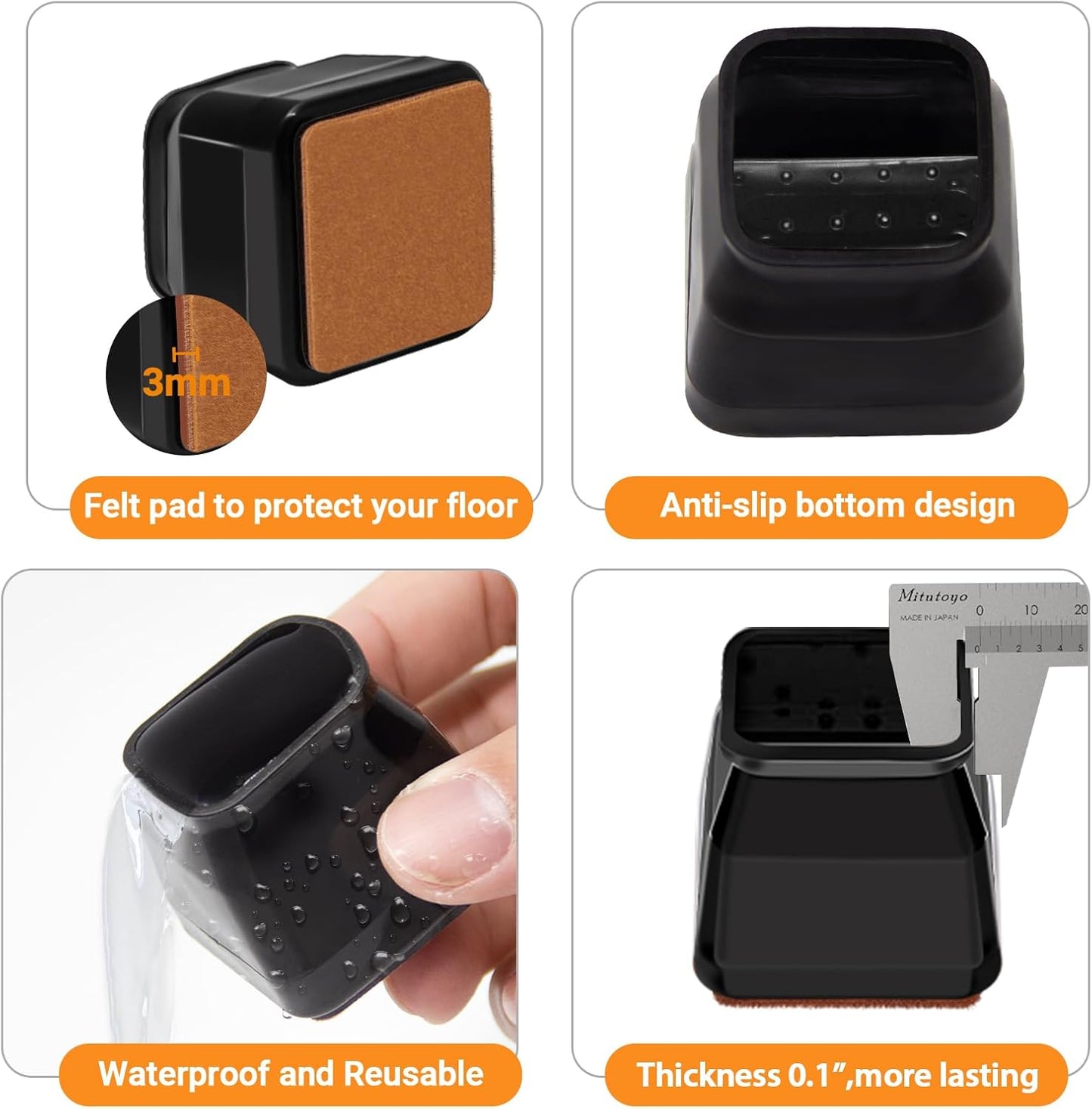 36Pcs Black Square Chair Leg Floor Protectors, Felt Furniture Pads for Hardwood Floors, Chair Leg Protectors for Hardwood Floors, Floor Protectors for Chairs, Reduce Noise - Large, Black