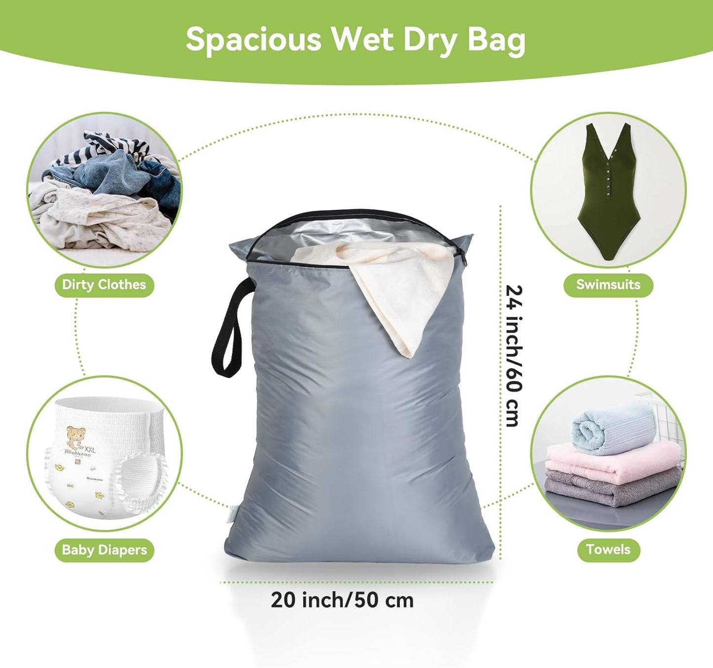 OTraki 2PCS Large Wet Bag 20x24 inch Waterproof Bag for Swimsuit Reusable Wet Dry Bag With Portable Handle & Zipper Wet Clothes Storage Gym Bag for Travel Gym Beach Pool Black & Grey