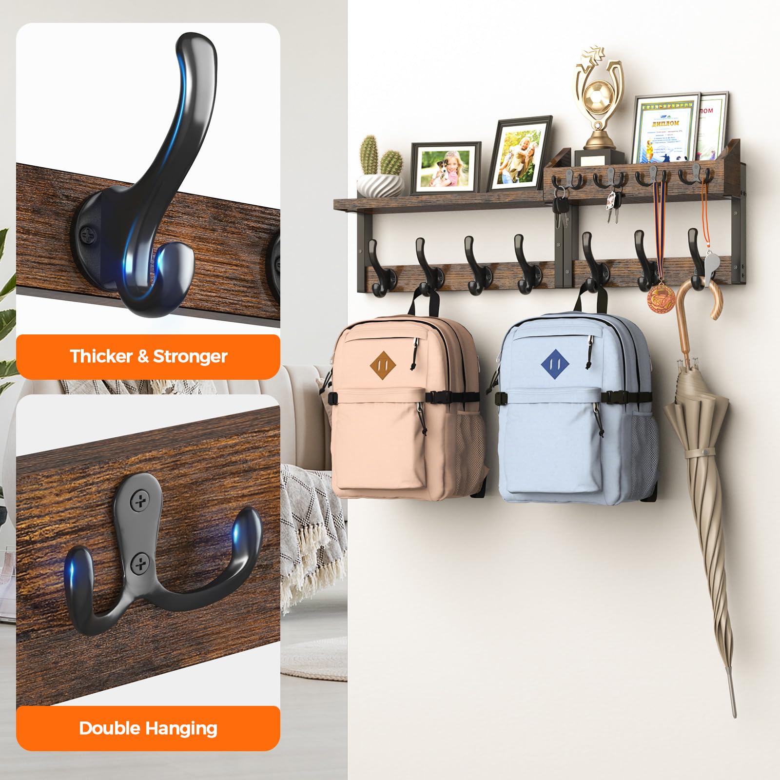 Evermagin 29" Coat Rack Wall Mount with Shelf for Entryway, Rustic Brown