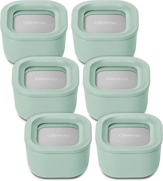 Caraway 6pc Food Storage Container Set - 1.75 Cup Glass Storage Container for Food (6) - Non-Toxic Ceramic-Coated Glass - Air Release Technology - Compact & Stackable Design - Mist