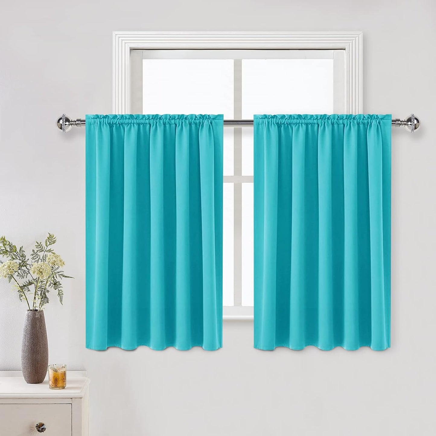 DWCN Thermal Short Blackout Curtains for Bedroom/Kitchen, Energy Saving Room Darkening Curtains for Nursery/Bedroom/Kitchen(W60 x L36inch, Turquoise, Set of 2 Panels, Top of Rod Pocket)