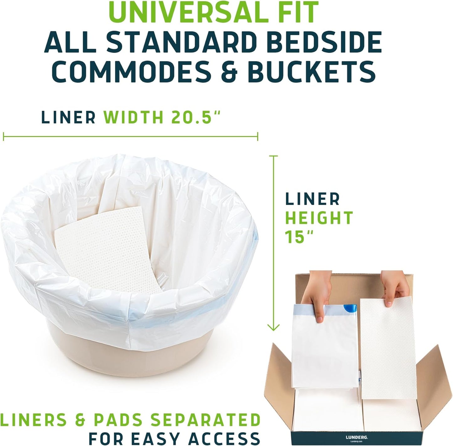 Lunderg Commode Liners with Absorbent Pads - Aloe Scent Medical Grade 150 Count Universal Fit - Disposable Bedside Commode Liners and Pads for Adult Chairs, Portable Buckets & Camping Toilet Bags