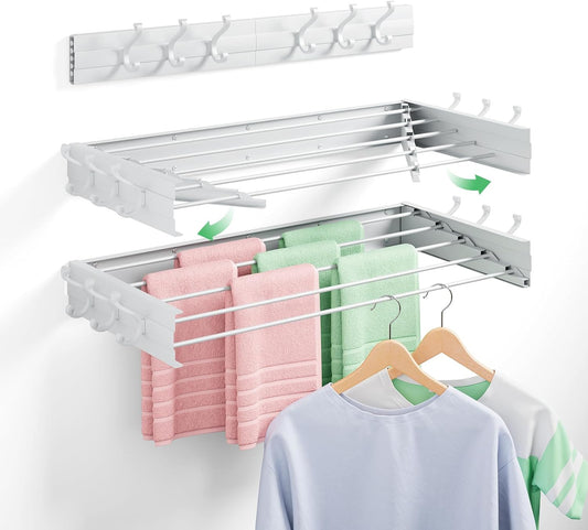 BAKON Clothes Drying Rack Wall Mounted 40", Laundry Clothes Drying Rack Collapsible with 6 Towel Hooks and 5 Rods for Hanging Clothes, Space Saving Laundry Rack for Small Space Bathroom Bedroom(40")