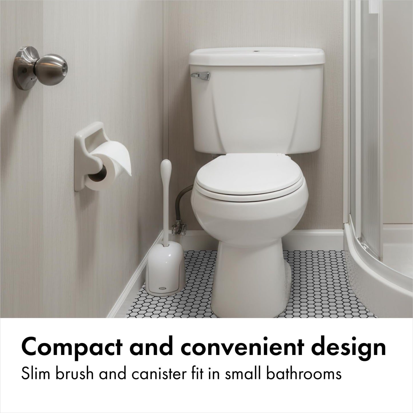 OXO Toilet Brush & Holder Set, Covered Canister, Auto-Open Lid, Compact Design for Small Bathrooms