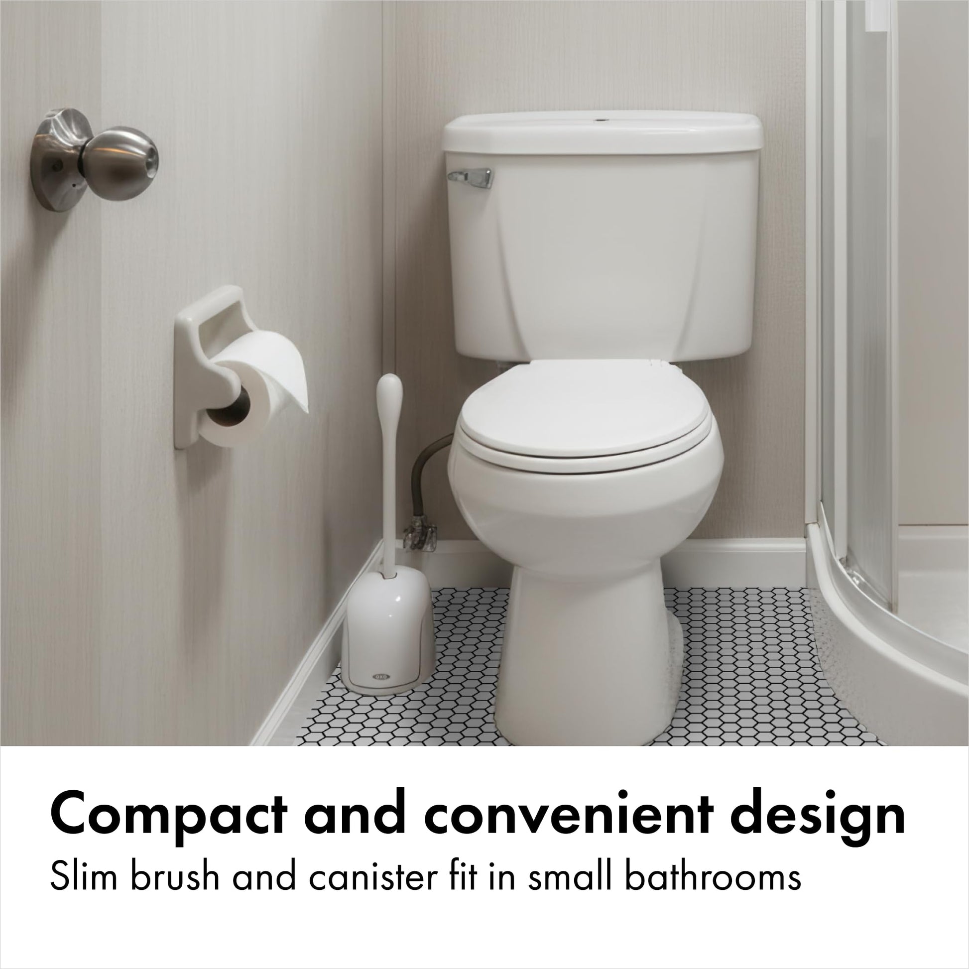 OXO Toilet Brush & Holder Set, Covered Canister, Auto-Open Lid, Compact Design for Small Bathrooms