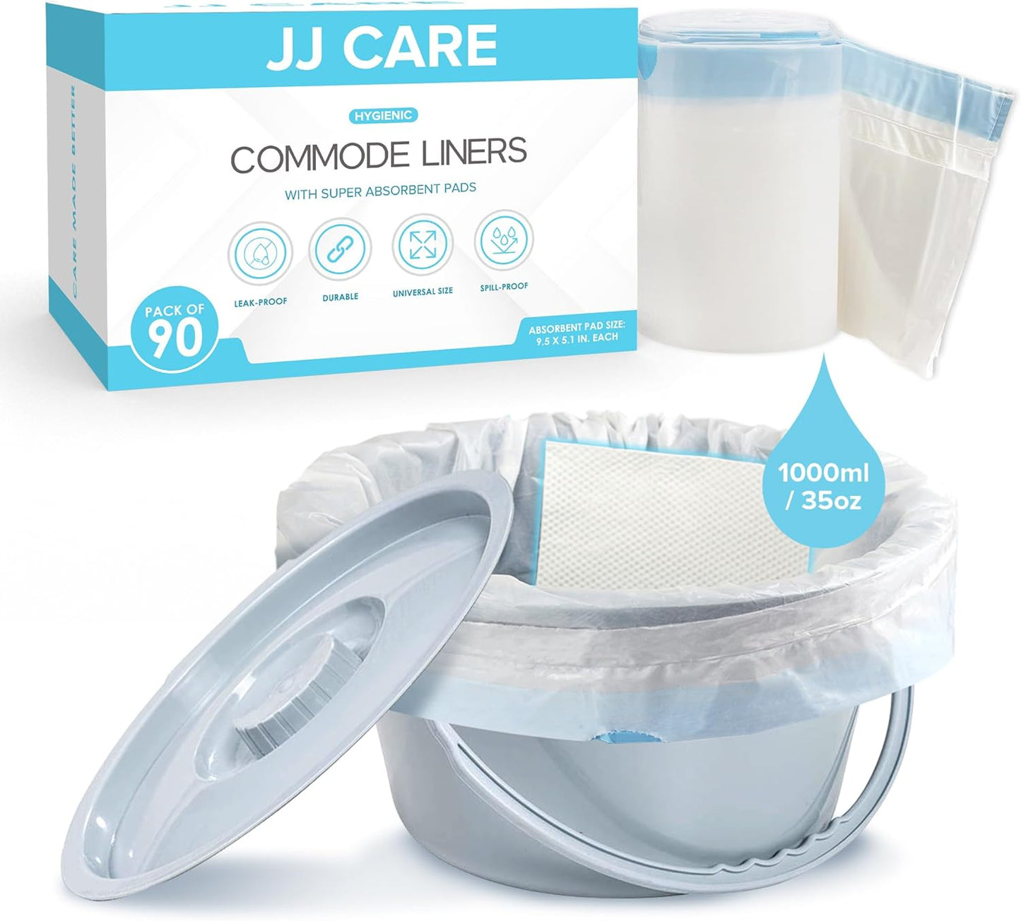 JJ CARE Bedside Commode Liners with Absorbent Pads - Pack of 90 Commode Poop Bags Liners 16"x21" Adults' Portable Bed Pan Toilet Chair, Disposable Toilet Bags for Bedside