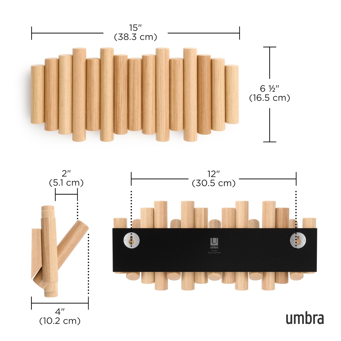 Umbra Picket Coat Rack, Wall Mount 5 Flip-Down Coat Hooks, Natural