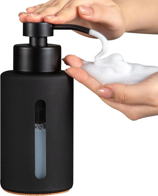 Enra Foaming Soap Dispenser with Window,12oz Bathroom Hand Soap Dispenser with Stainless Steel Foam Pump, Modern Thick Glass Refillable Bottle for Bathroom Kitchen (Black Foam Dispenser)
