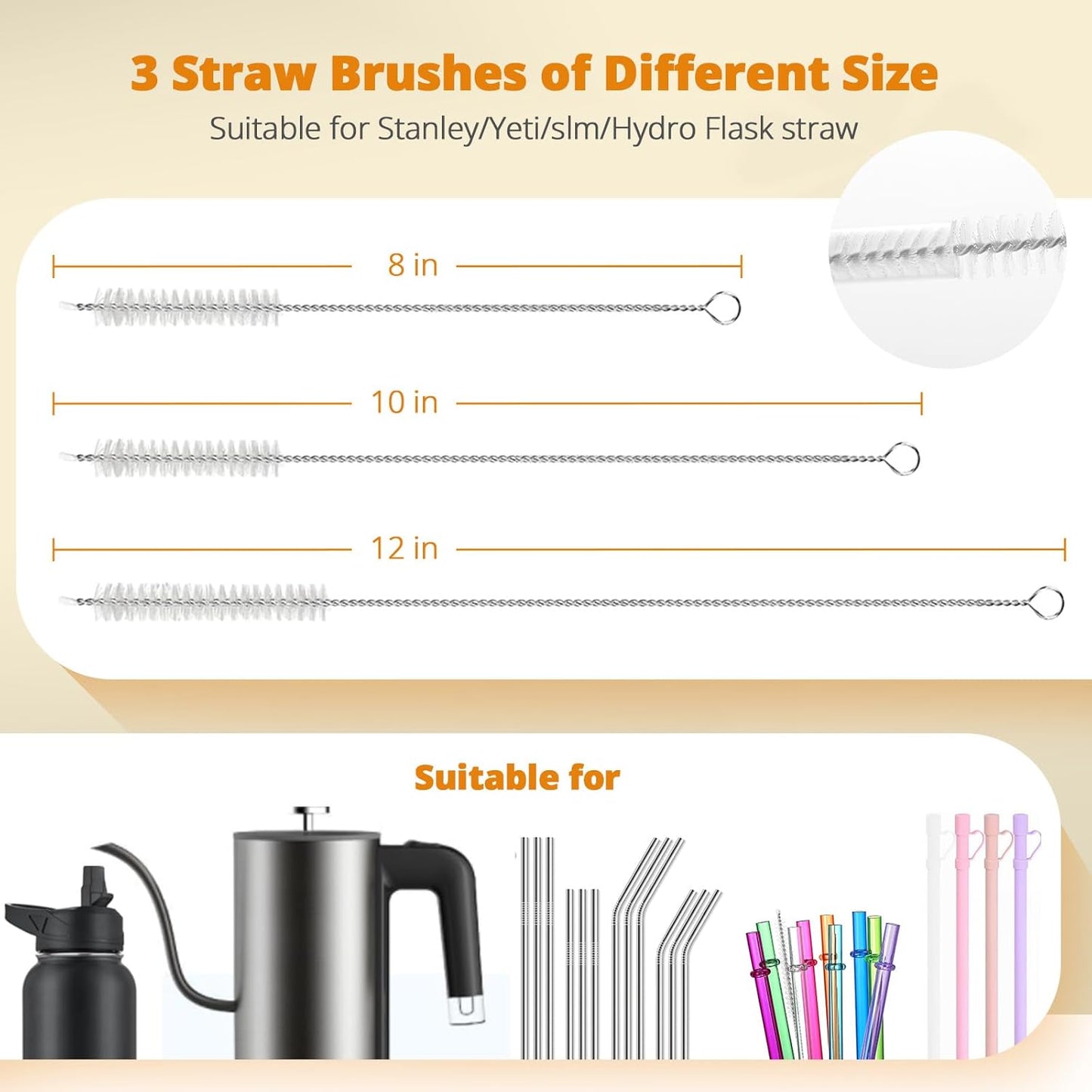 OUTXE 5 Pack Bottle Brush Set, 5-in-1 Multifunctional Water Bottle Cleaning Brush 2 Pack, with Nipple Brush, Detail Brush for Cup Lid Gap, 12" 10" 8" Straw Brush for Stanley Yeti